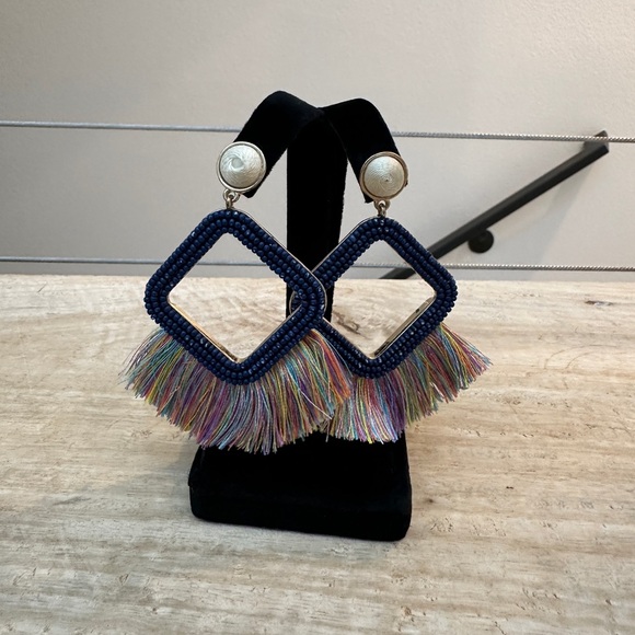 Target Colorful Navy Fringe Beaded Square Drop Earrings Fall Vacation Versatile - Picture 1 of 4